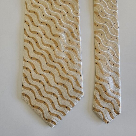 Sazzari Tie Gold White Waves Embroidery Grey Dots 100% SIlk L 56.5 in W 3.75 in - Picture 7 of 13